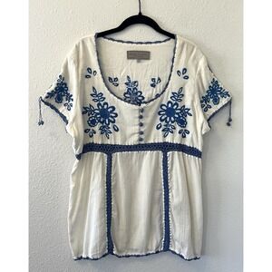 Double D Ranch Women's Peasant Top Size L White Blue Embroidered Western Boho